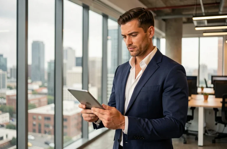 Entrepreneur innovant en costume marine dans un espace de coworking moderne, consultant une tablette avec une expression déterminée