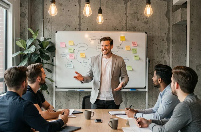 Leader entrepreneurial présentant sa vision innovante à une équipe dans une salle de réunion startup moderne avec tableau blanc et notes adhésives