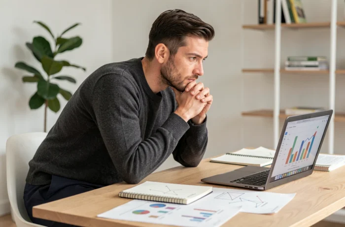 Jeune entrepreneur concentré travaillant sur sa stratégie d'entreprise dans un bureau minimaliste avec carnets et ordinateur portable