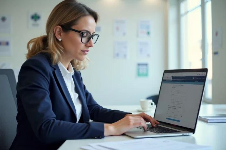 Femme en blazer marine utilisant un portail municipal en ligne sur ordinateur portable dans un bureau administratif de Marseille