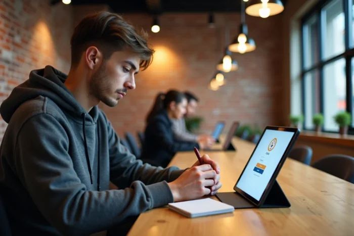 Jeune professionnel accédant à Logisfil sur tablette dans un espace de coworking moderne
