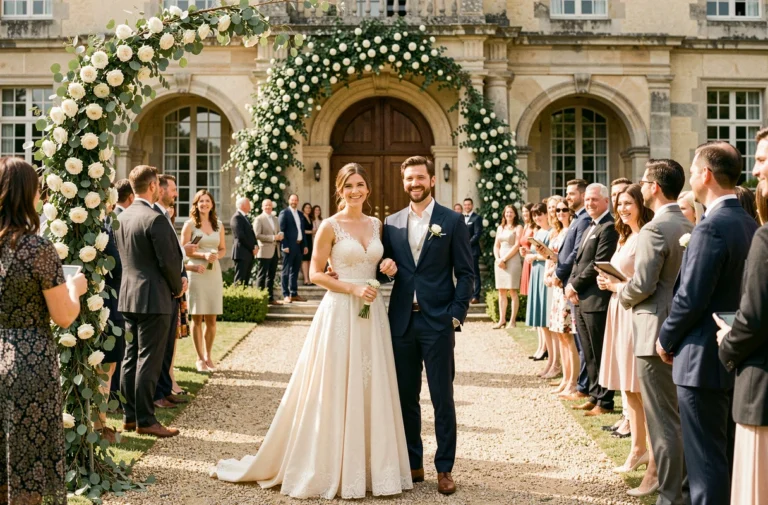 Couple de mariés accueillant leurs invités à l'entrée d'un château décoré de fleurs blanches le jour du mariage