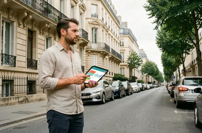 Agent immobilier consultant un tableau de bord de données de marché sur tablette dans une rue résidentielle française