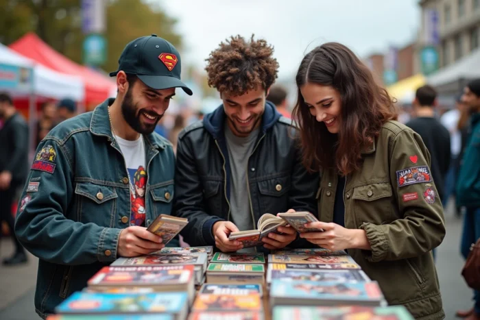 Groupe d'amis passionnés de pop culture feuilletant des mangas et des figurines de collection sur un stand de convention geek en plein air