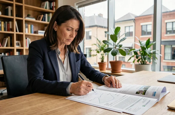 Professionnelle de l'immobilier analysant des rapports de marché local papersimmo à son bureau en open space contemporain