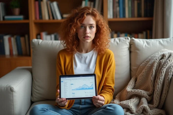 Jeune femme analysant les performances SEO de mots-clés longue traîne sur une tablette dans un salon chaleureux