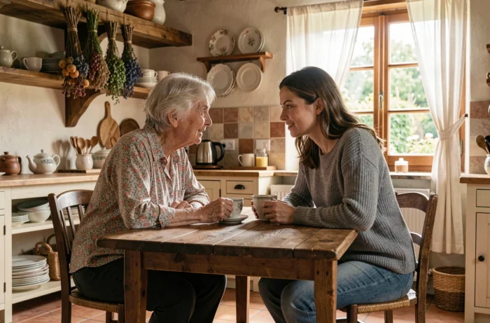 Deux femmes de générations différentes partageant un moment de complicité dans une cuisine française traditionnelle, symbolisant les liens familiaux et le parcours intergénérationnel d'Aurore Malval