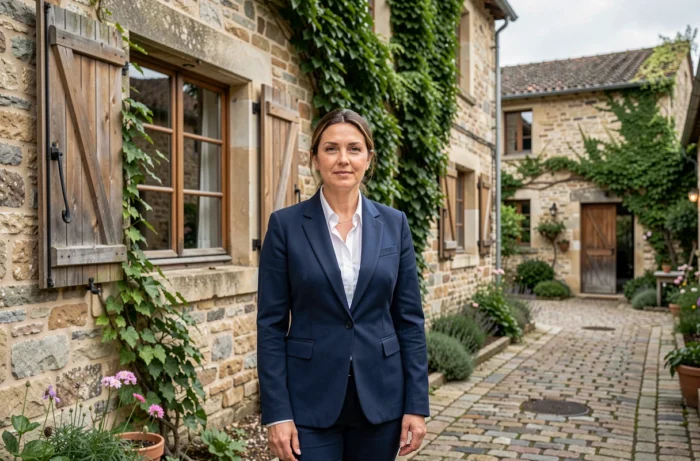 Femme posant devant une maison en pierre de style provençal français, illustrant les racines régionales et les origines familiales d'Aurore Malval