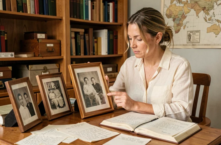 Femme consultant des archives familiales et des photos anciennes dans un bureau cosy, évoquant la recherche sur les origines et le parcours familial d'Aurore Malval
