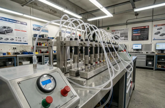 Banc de test d'injecteurs avec plusieurs injecteurs et lignes de carburant transparentes dans un atelier automobile professionnel