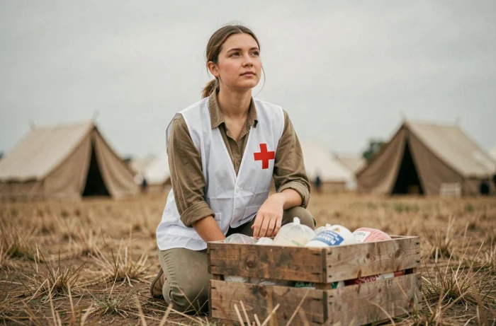 Bénévole de la Croix-Rouge en mission humanitaire illustrant les principes des Conventions de Genève