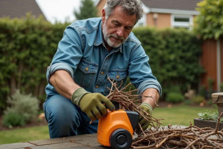 Homme utilisant un broyeur de végétaux électrique Bosch dans un jardin suburban, alimentation de branches sèches dans la machine sur une terrasse en pierre
