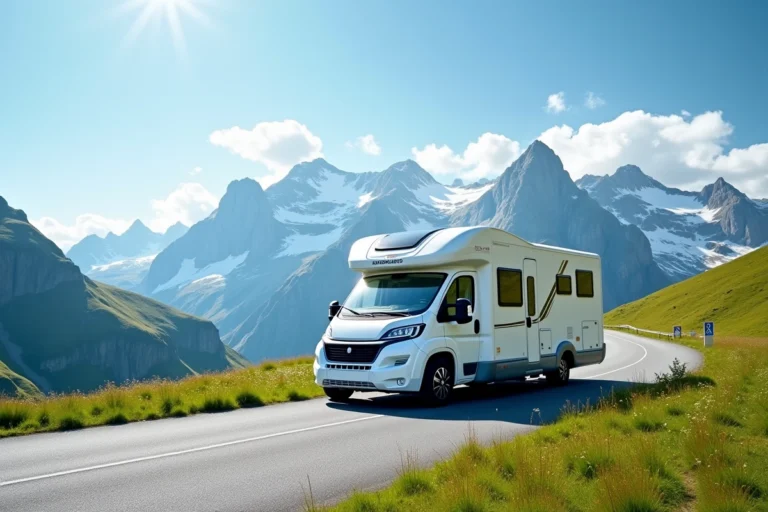 Camping-car moderne garé au Col du Petit Saint-Bernard avec vue panoramique sur les Alpes et les prairies alpines fleuries