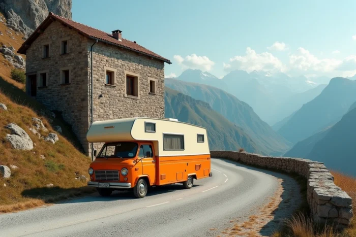 Camping-car vintage garé devant l'Hospice du Petit Saint-Bernard avec vue sur l'architecture historique en pierre