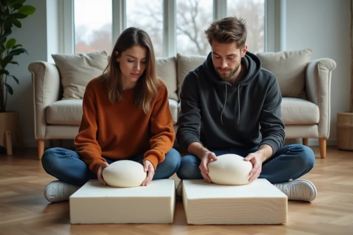 Couple comparant deux épaisseurs de mousse pour le remplacement d'un canapé Poltronesofa
