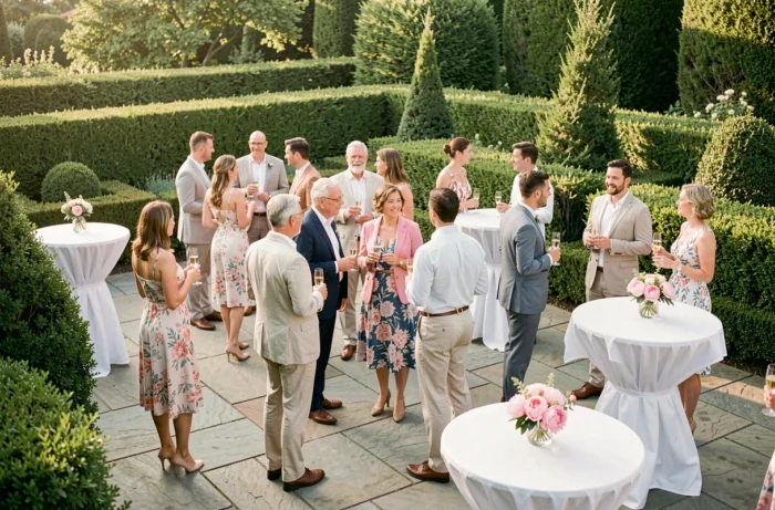 Invités de mariage discutant lors du cocktail en plein air dans un jardin fleuri avec tables décorées