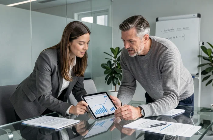 Deux professionnels collaborant sur la gestion de comptes Maestro Business en salle de réunion