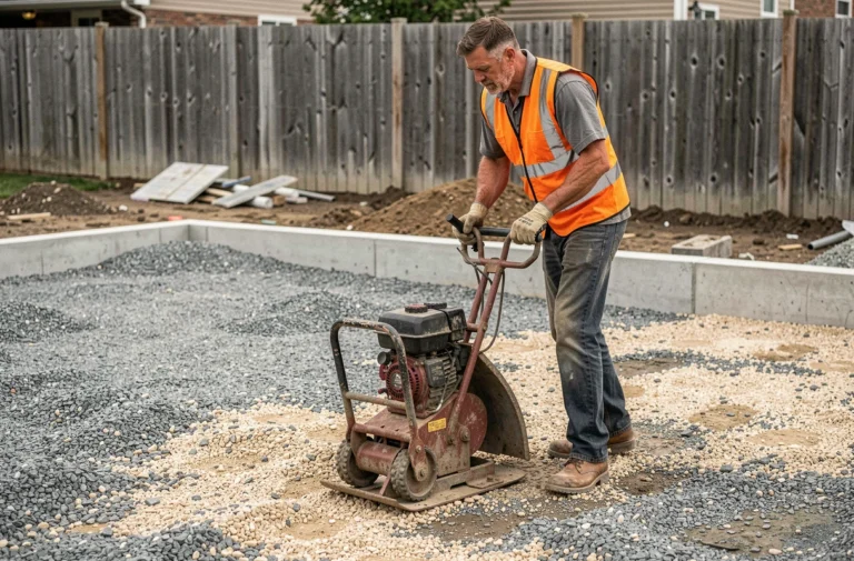 Ouvrier du bâtiment utilisant une plaque vibrante pour compacter du gravier sur un chantier résidentiel extérieur