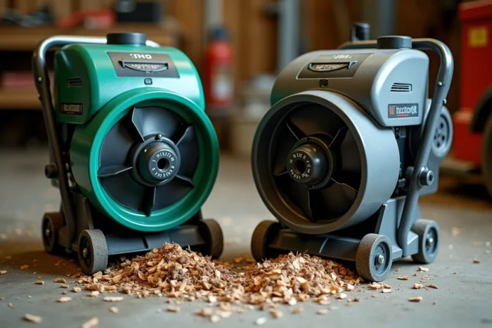 Comparaison côte à côte de deux broyeurs de végétaux de jardin sur sol béton, montrant les différences de mécanismes de coupe disque et turbine