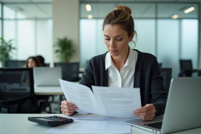 Employée administrative comparant deux bulletins de paie pour identifier une anomalie de rémunération