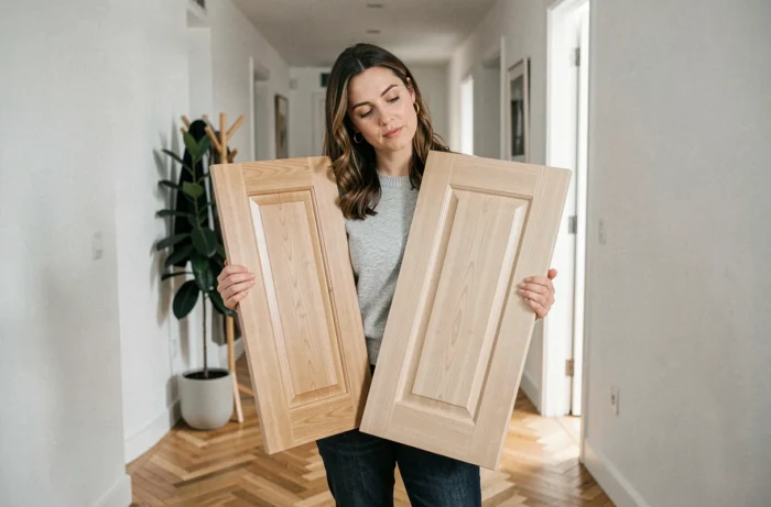 Femme comparant deux échantillons de portes postformées dans un couloir de maison moderne