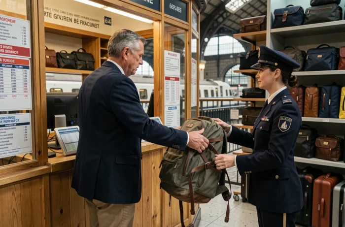 Voyageur remettant son sac à dos au comptoir de consigne bagages de la gare de l'Est