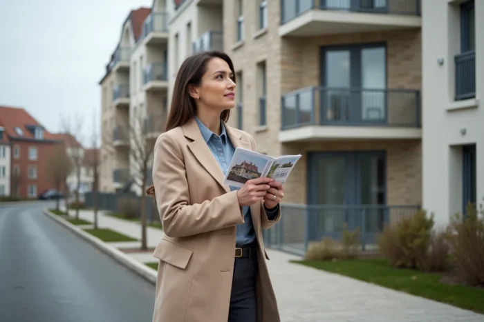 Femme investisseur devant un immeuble résidentiel éligible au dispositif de Robien en zone périurbaine