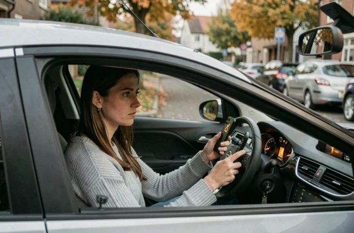 Conductrice perplexe face au voyant clé orange allumé dans son Opel Corsa garé dans une rue résidentielle