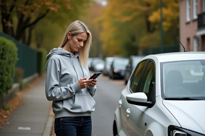Femme consultant son téléphone à côté de sa Volkswagen Polo 5 garée après l'allumage du voyant moteur orange