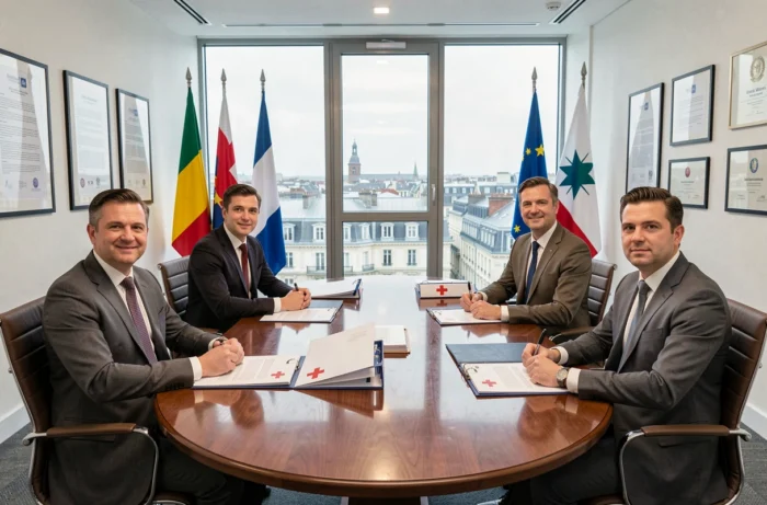 Délégués diplomatiques réunis en conférence internationale autour des textes des Conventions de Genève