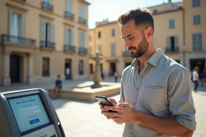 Homme consultant un portail d'accès agent de la Ville de Marseille sur smartphone en extérieur dans une place publique
