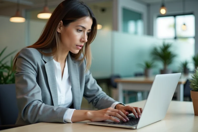 Femme professionnelle connectée à un portail de gestion logistique sur son ordinateur portable en open space