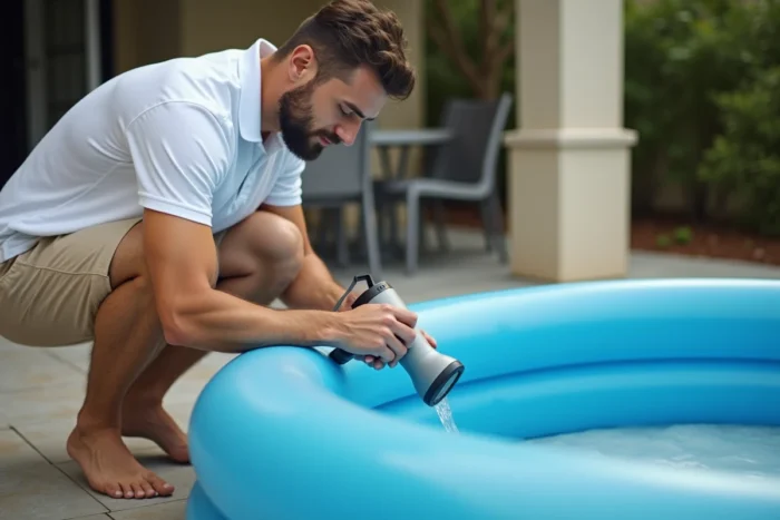 Homme connectant un sèche-cheveux à la valve d'une piscine gonflable sur une terrasse