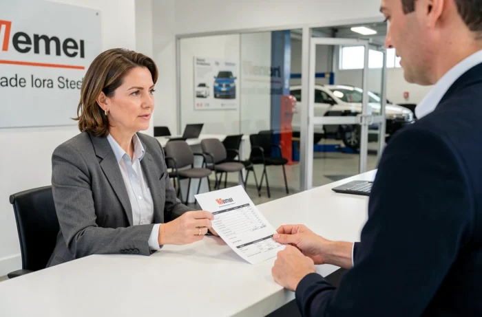 Conseillère automobile expliquant le tarif du passage au banc injecteur à un client au comptoir d'un centre automobile