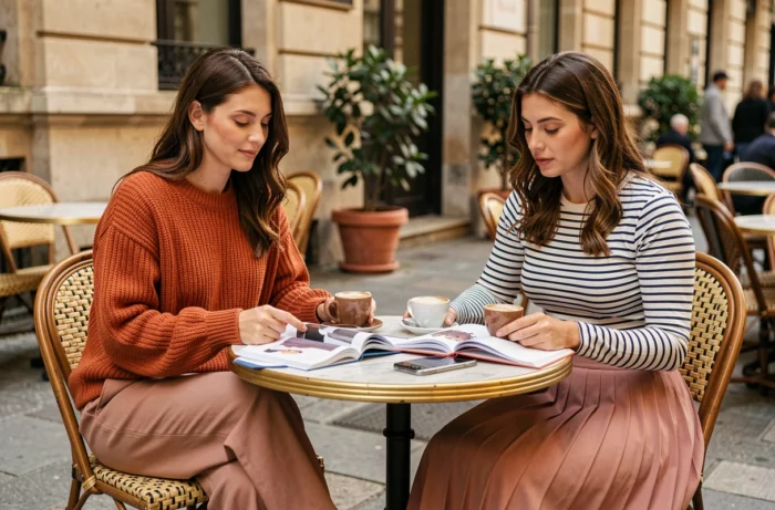 Deux amies consultant des lookbooks mode dans un café parisien, conseils style et tendances saison