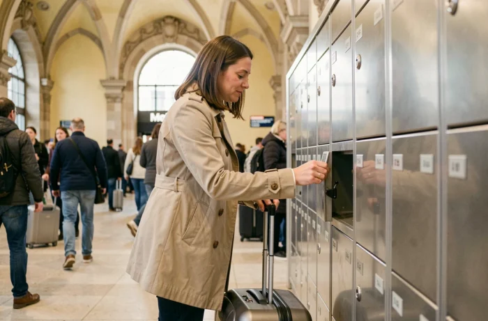 Femme déposant sa valise dans une consigne automatique à la gare de l'Est à Paris