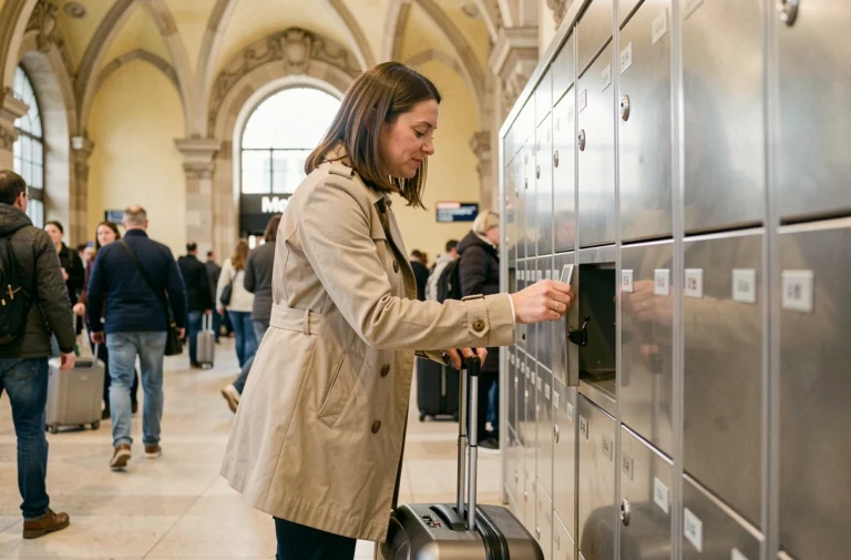 Femme déposant sa valise dans une consigne automatique à la gare de l'Est à Paris