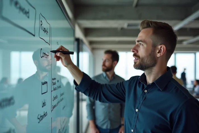 Consultant SEO expliquant une stratégie de mots-clés longue traîne sur un tableau blanc dans un bureau moderne