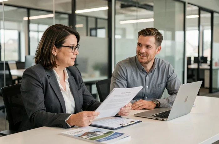 Femme consultant un agent immobilier dans une agence moderne pour finaliser un projet d'achat