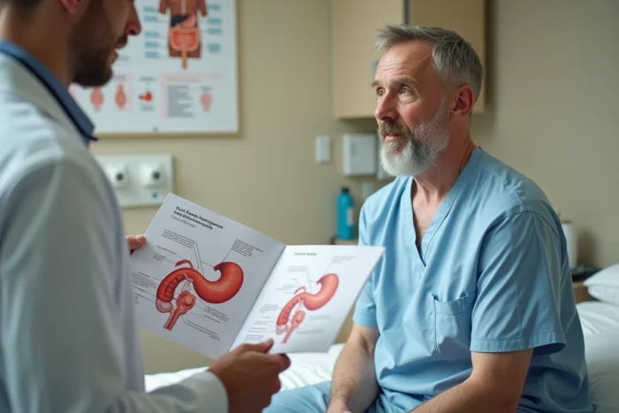 Patient discutant avec un gastroentérologue dans un cabinet médical, tenant une brochure anatomique illustrée sur les hémorroïdes externes