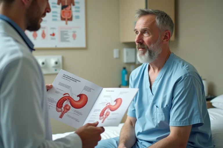Patient discutant avec un gastroentérologue dans un cabinet médical, tenant une brochure anatomique illustrée sur les hémorroïdes externes