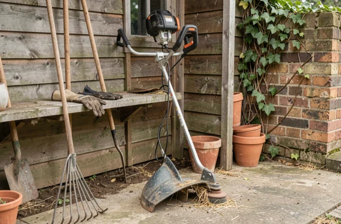 Coupe-bordure thermique appuyé contre un abri de jardin en bois avec des outils de jardinage