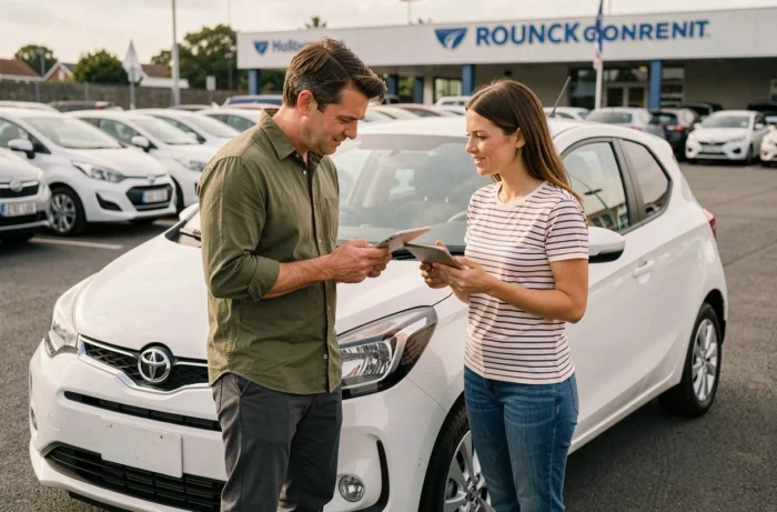 Couple en train d'acheter une voiture d'occasion en consultant une tablette dans un parking de concessionnaire