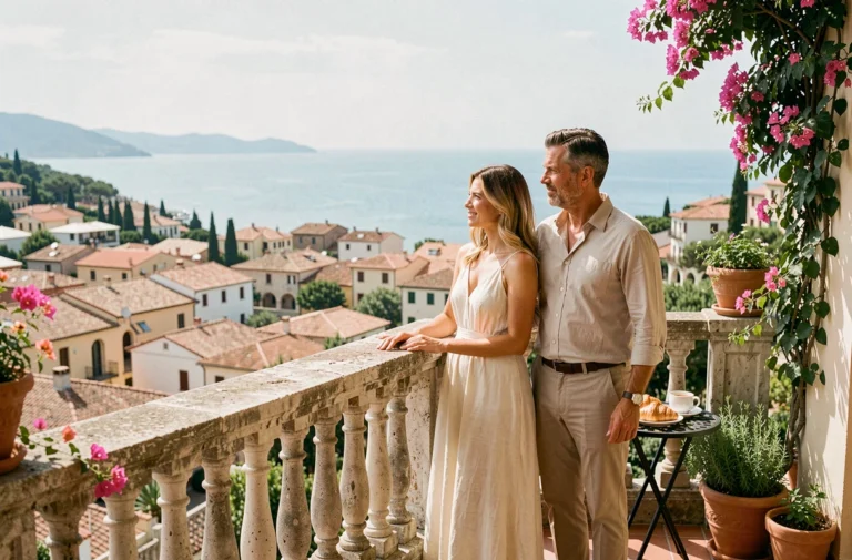 Couple élégant sur le balcon d'une suite d'hôtel de luxe avec vue panoramique sur une ville côtière méditerranéenne