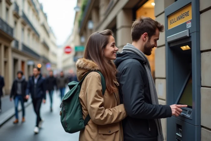Jeune couple utilisant un distributeur automatique de billets dans une rue parisienne pour gérer leur compte bancaire