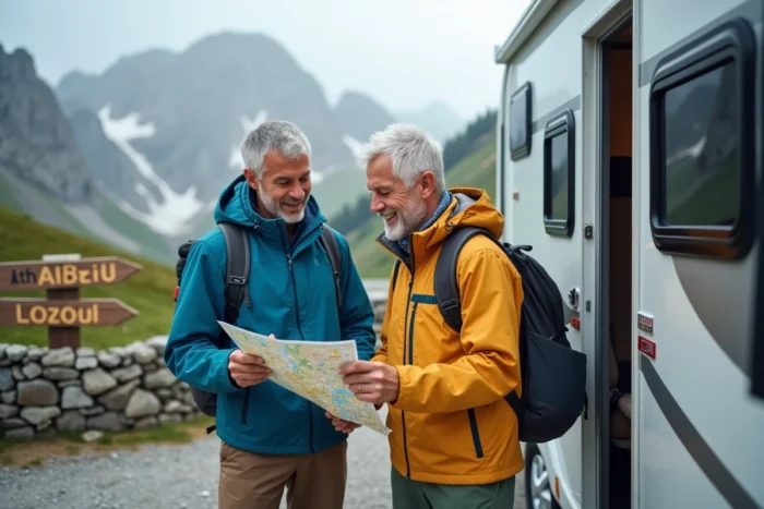 Couple consultant une carte routière près de leur camping-car dans un camping alpin au Col du Petit Saint-Bernard