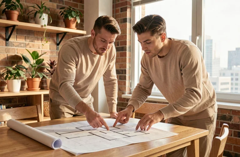 Couple en train d'étudier des plans architecturaux pour leur projet immobilier dans un appartement moderne