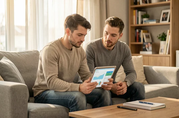 Couple consultant une application de gestion financière sur tablette dans leur salon pour organiser leur budget
