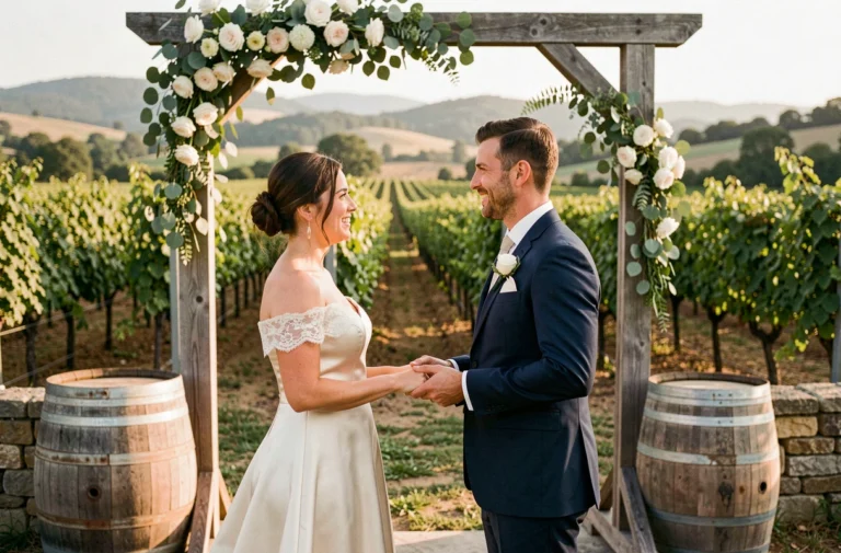 Couple de mariés échangeant leurs vœux dans un vignoble français sous une arche de roses blanches et d'eucalyptus
