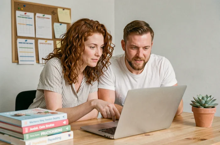 Couple de parents explorant ensemble des ressources en ligne sur un ordinateur dans leur bureau à domicile